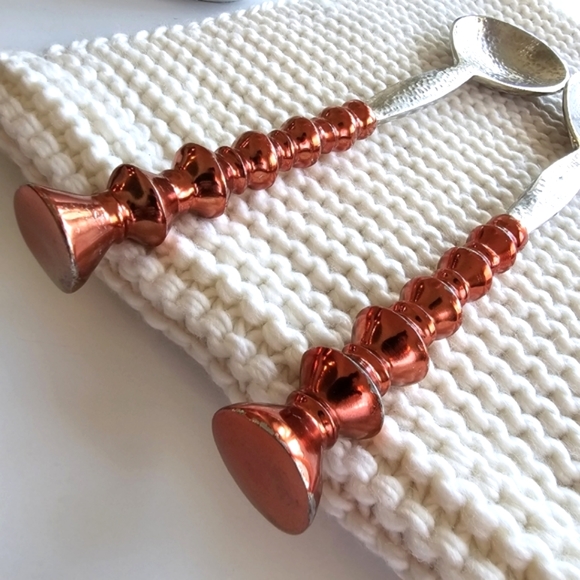 Vintage Copper Handled Metal Salad Servers, 12" Spoon Fork Salad Serving Set - Picture 10 of 13